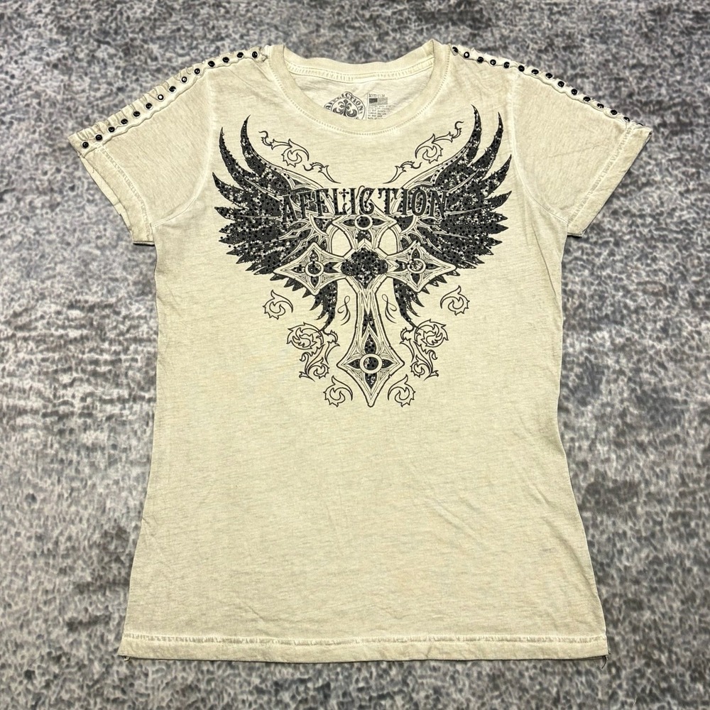 Affliction T Shirt Womens Medium Cream Cross Wings Rhinestones Grunge Y2K